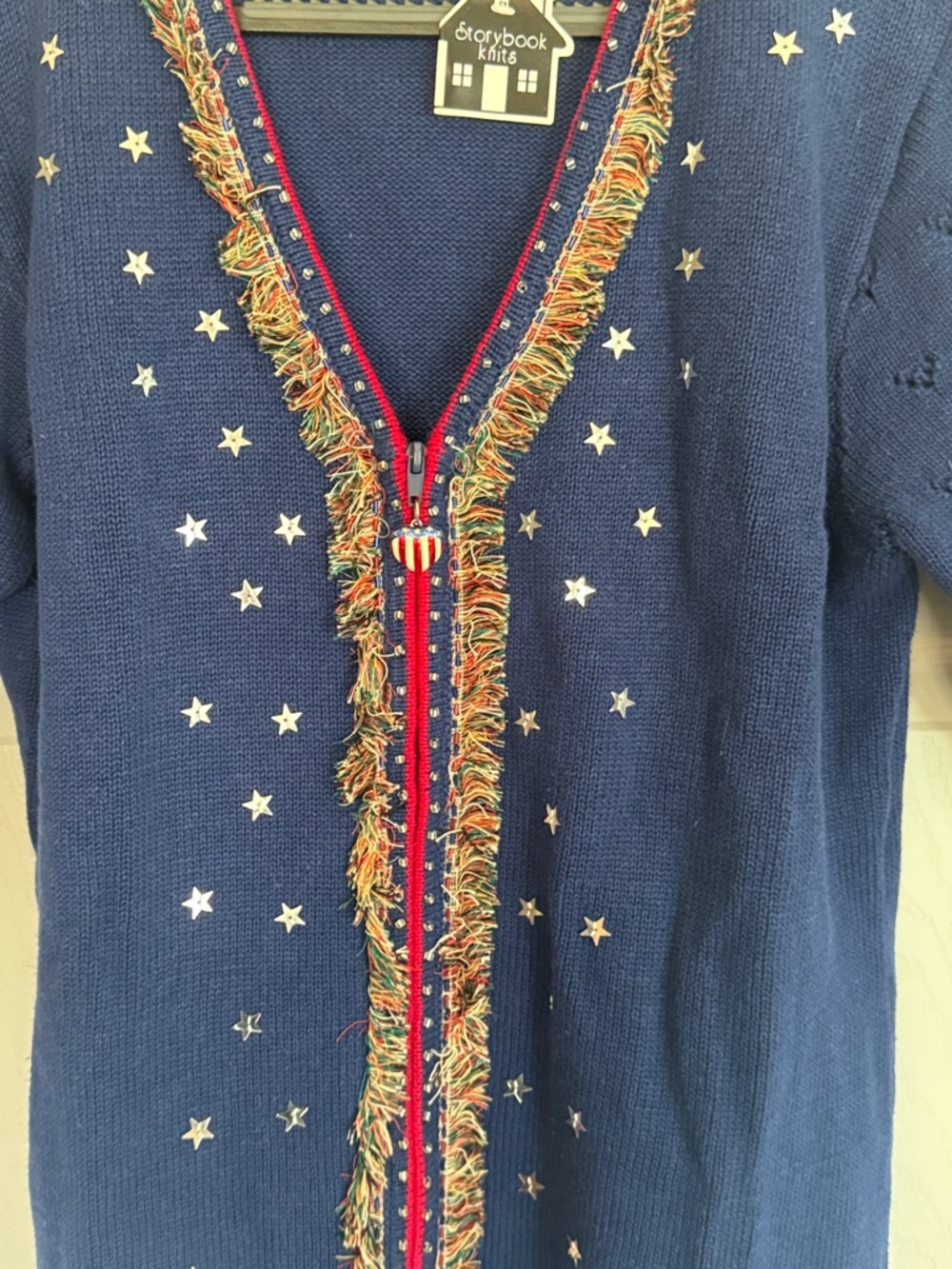 Storybook Knits Navy Blue Cardigan with Red Trim patriotic metallic stars - Picture 5 of 10